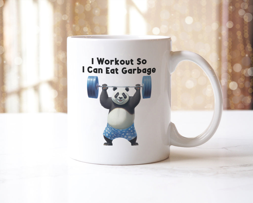 I Workout So I Can Eat Garbage" Funny Raccoon Mug – Gym Humor Coffee Cup | Fitness Gift