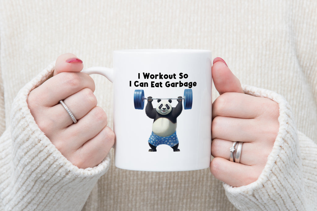 I Workout So I Can Eat Garbage" Funny Raccoon Mug – Gym Humor Coffee Cup | Fitness Gift