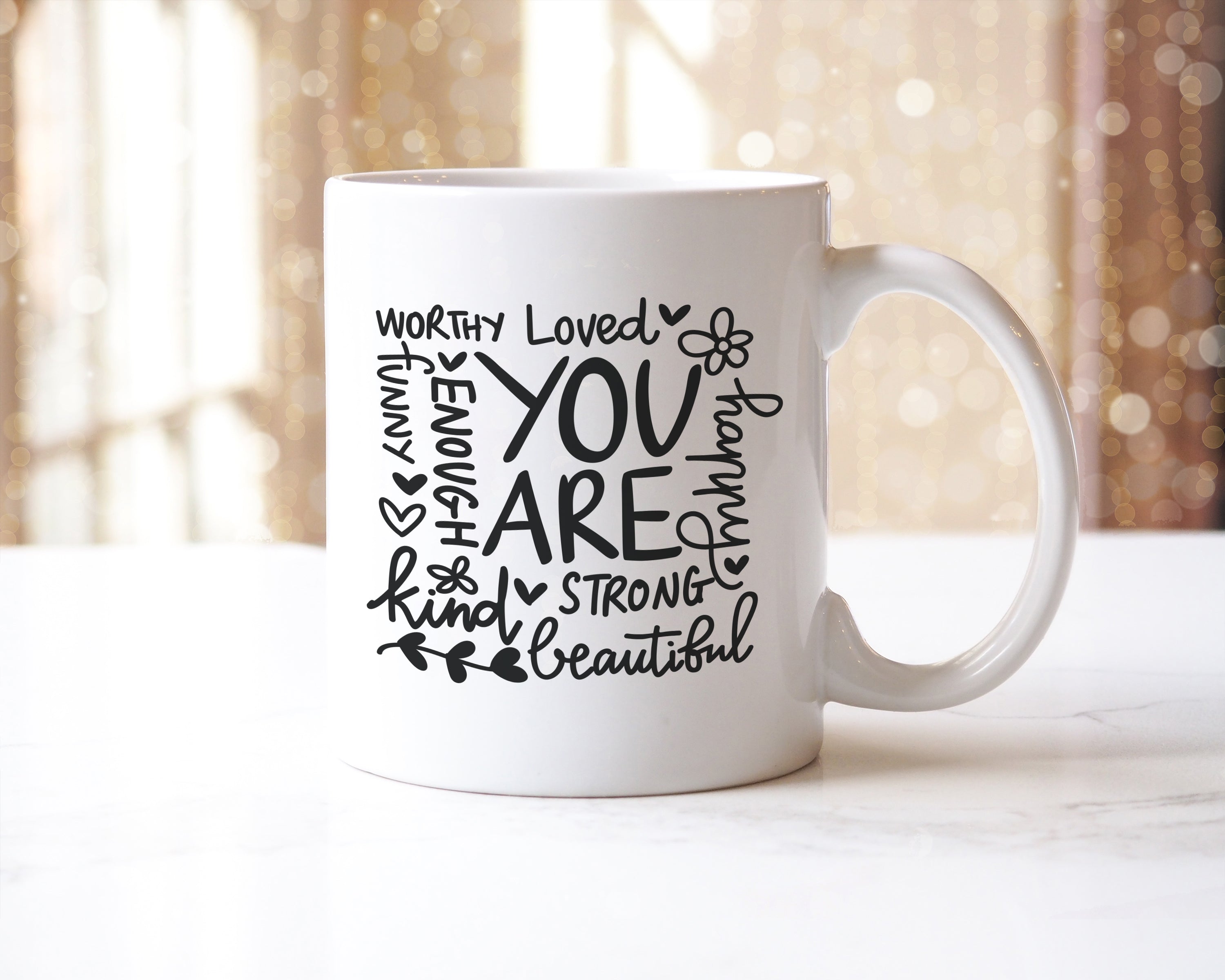 You Are Worthy, You Are Beautiful, You Are Loved, You Are Enough - Inspirational Affirmation Mug & Coaster Set