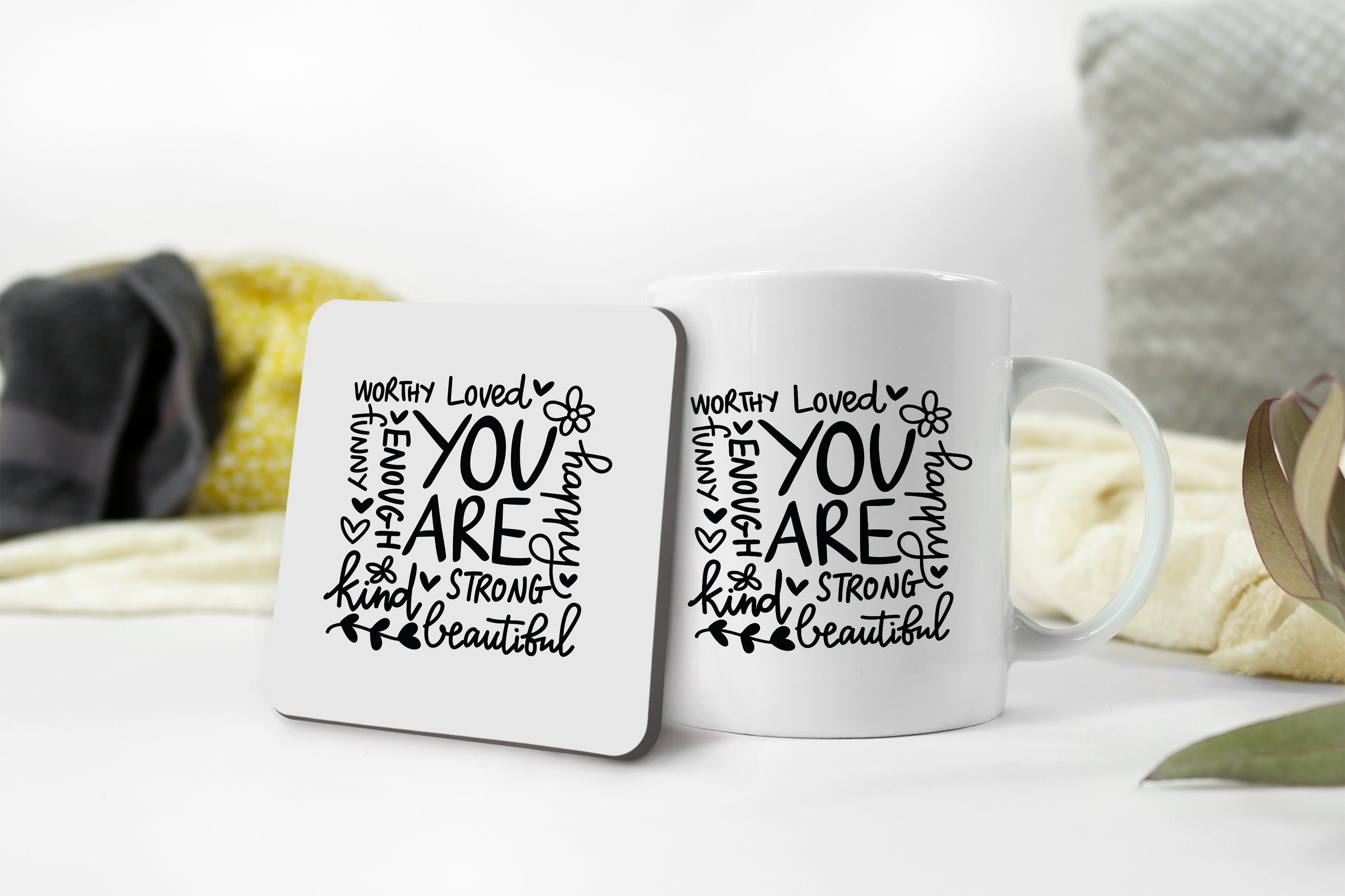 You Are Worthy, You Are Beautiful, You Are Loved, You Are Enough - Inspirational Affirmation Mug & Coaster Set