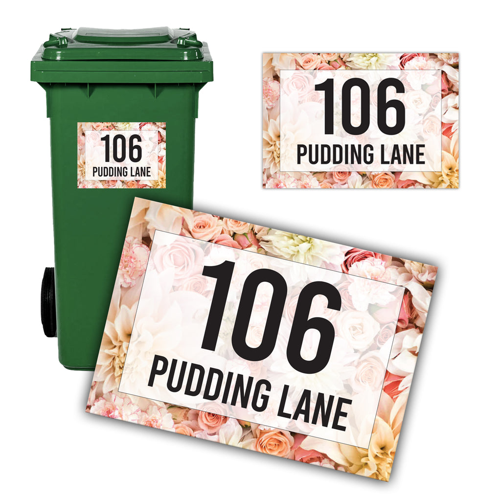 A4 Personalised Floral Wheelie Bin Sticker - Custom House Number & Name Label | Large Pretty Weatherproof Vinyl Decal