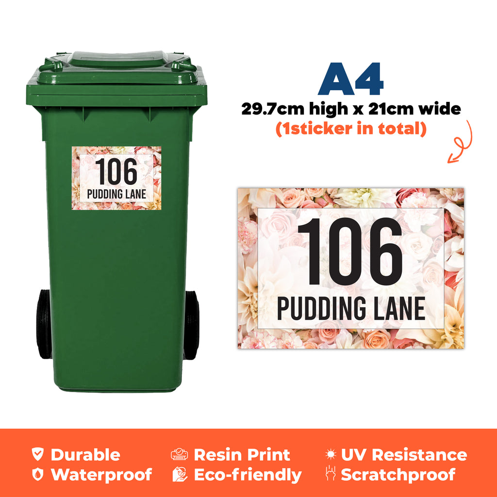 A4 Personalised Floral Wheelie Bin Sticker - Custom House Number & Name Label | Large Pretty Weatherproof Vinyl Decal