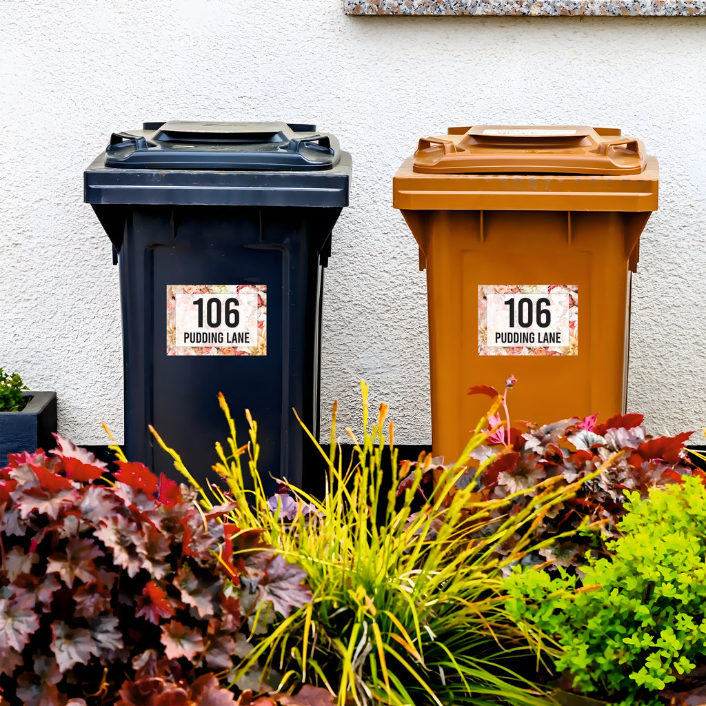 A4 Personalised Floral Wheelie Bin Sticker - Custom House Number & Name Label | Large Pretty Weatherproof Vinyl Decal